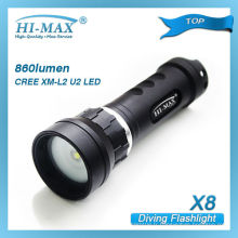 Hi-max pour la plongée cree u2 led flashlight 800lumens conduit la lanterne de plongée